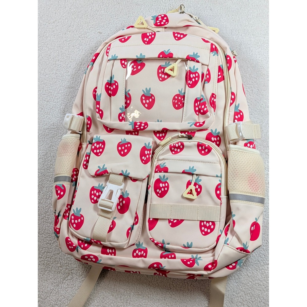 Strawberry Print Multi Pocket Backpack Cream Red Kawaii School Bag with Case